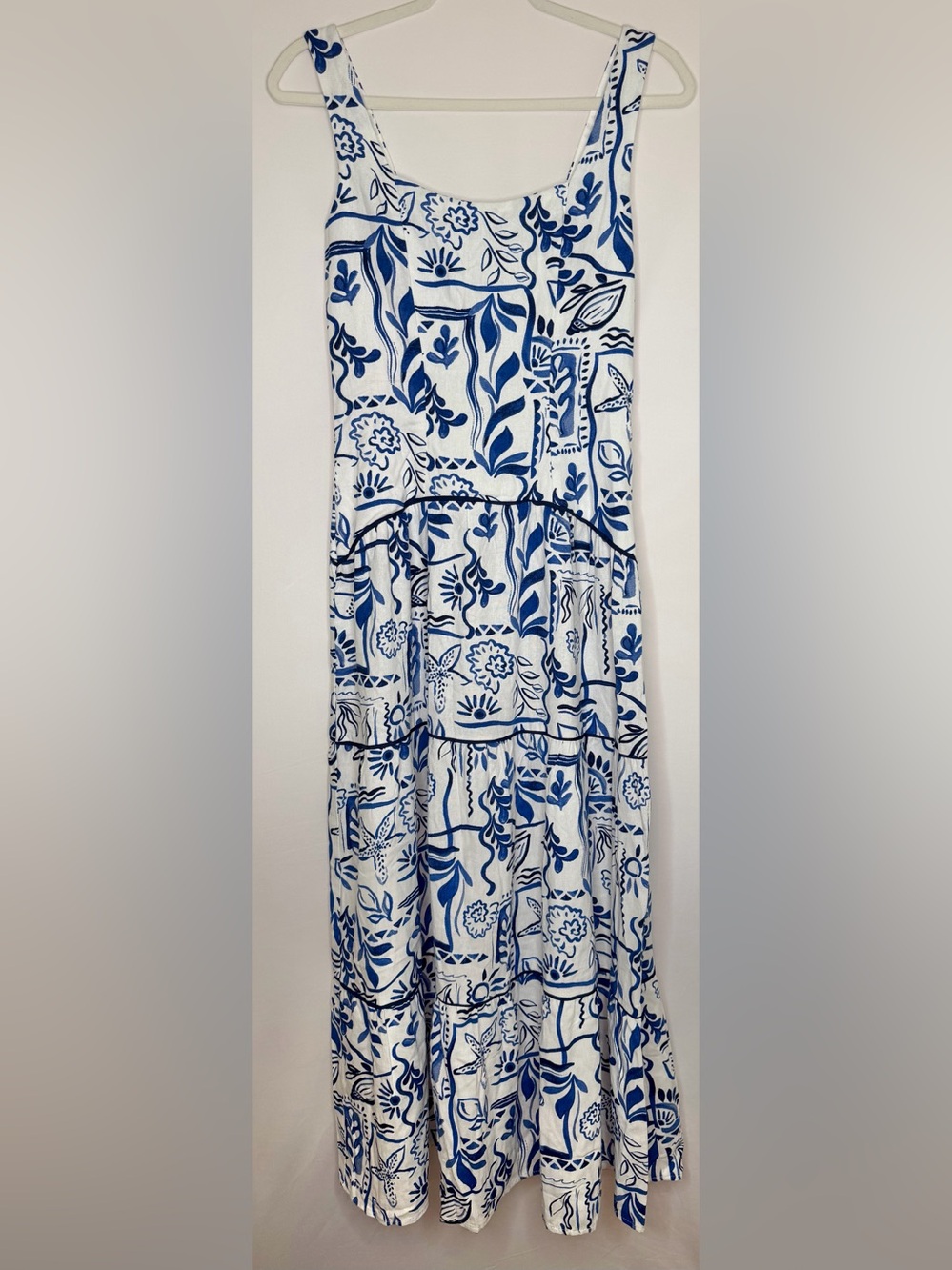 Cece Linen Blend Tiered Maxi Dress Blue and White Floral Coastal Print